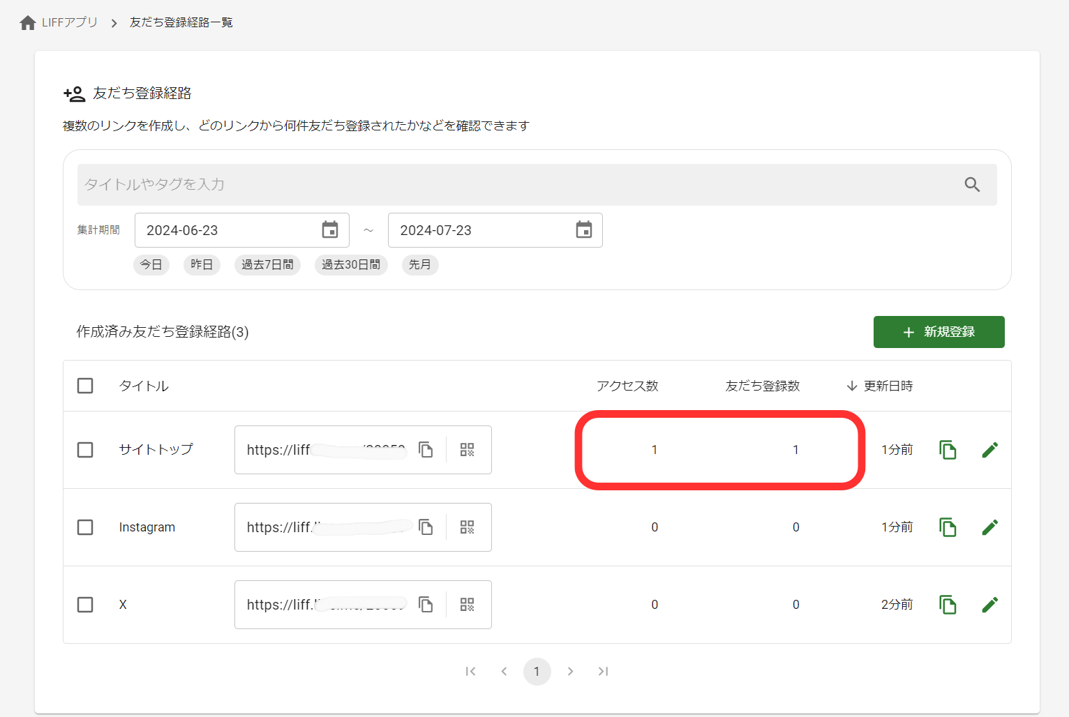 友だち登録経路一覧画面